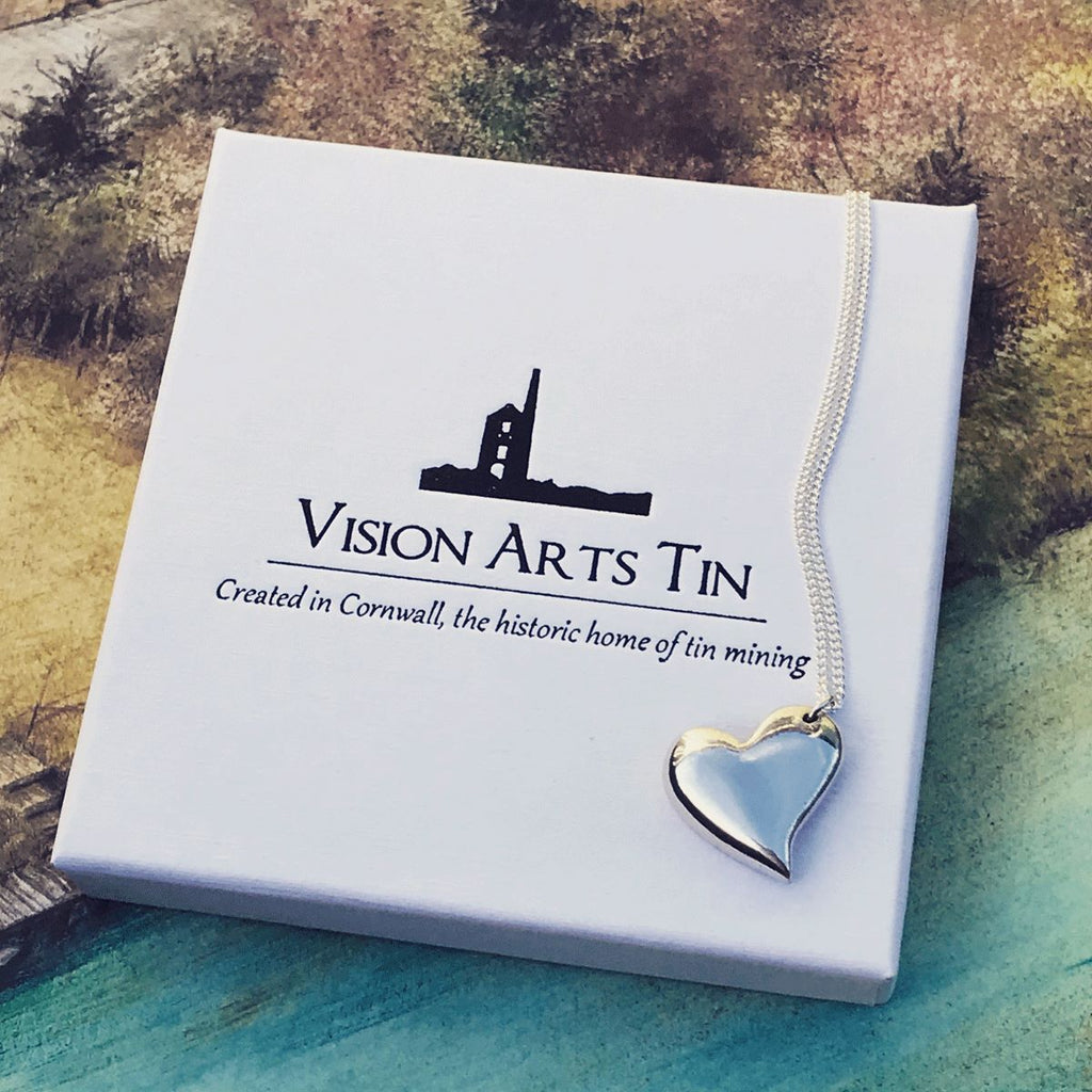 Cornish Jewellery. Tin Necklace. Curved Tin Heart Pendant.