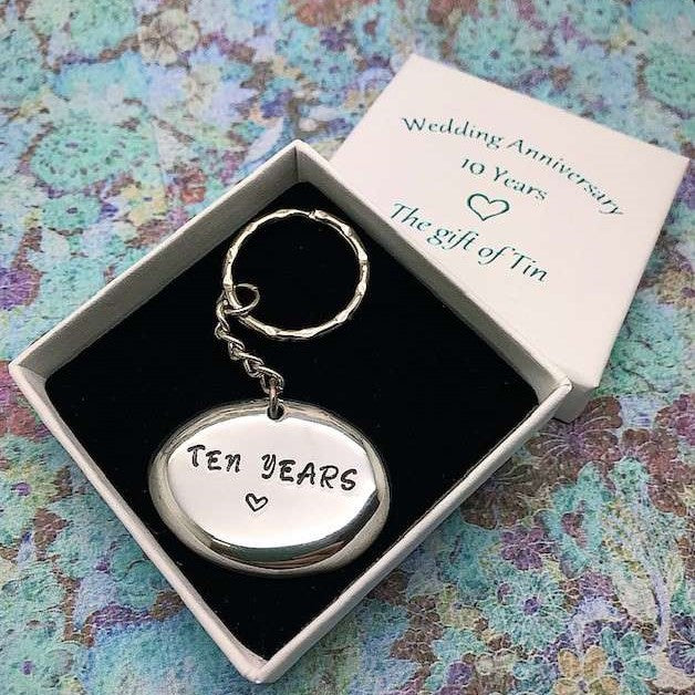 10th Anniversary Keyring. Stamped with '10 years' for Tin Anniversary. Tin Gift. 