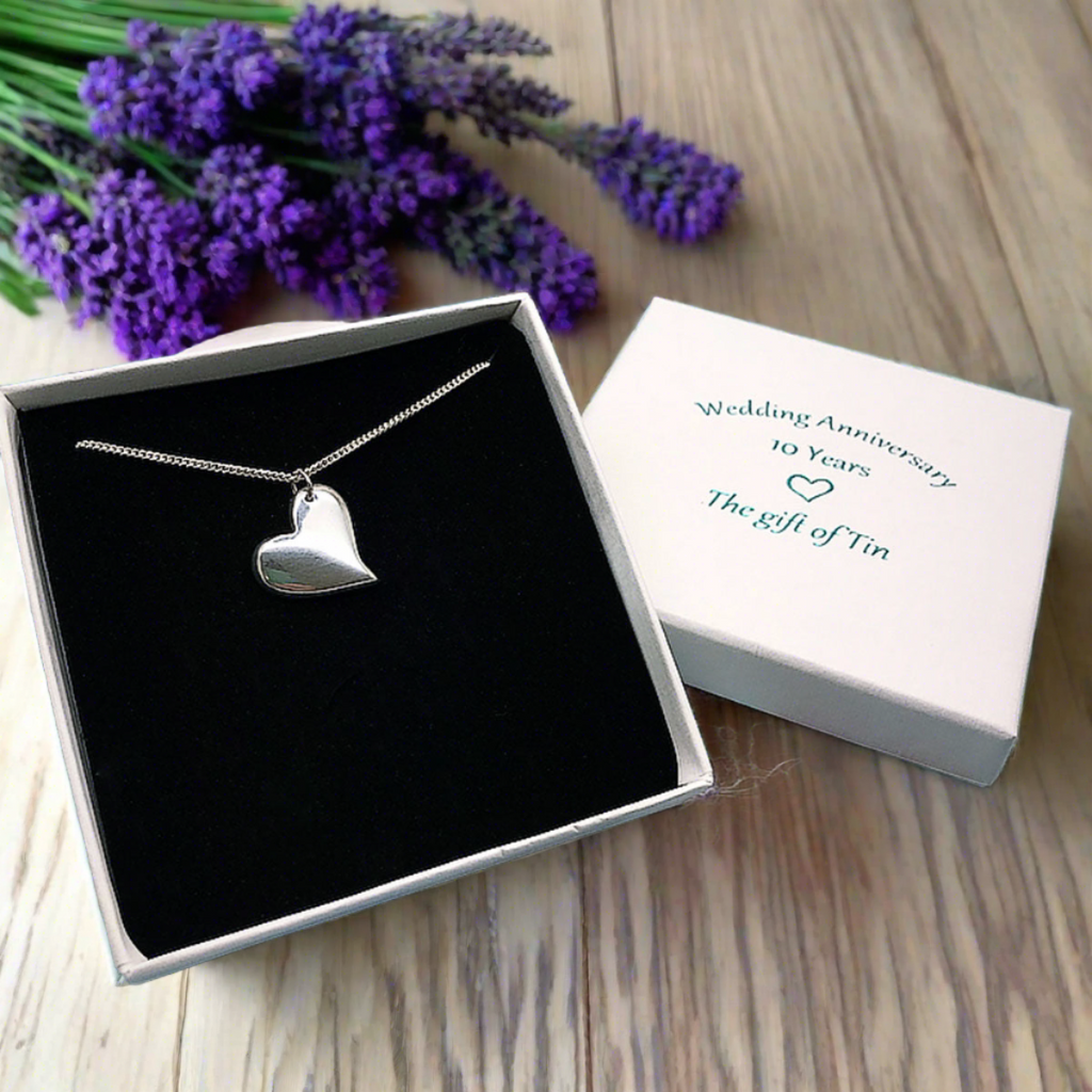 tin jewellery for her. tin anniversary gift for her. tin jewellery. tin heart necklace