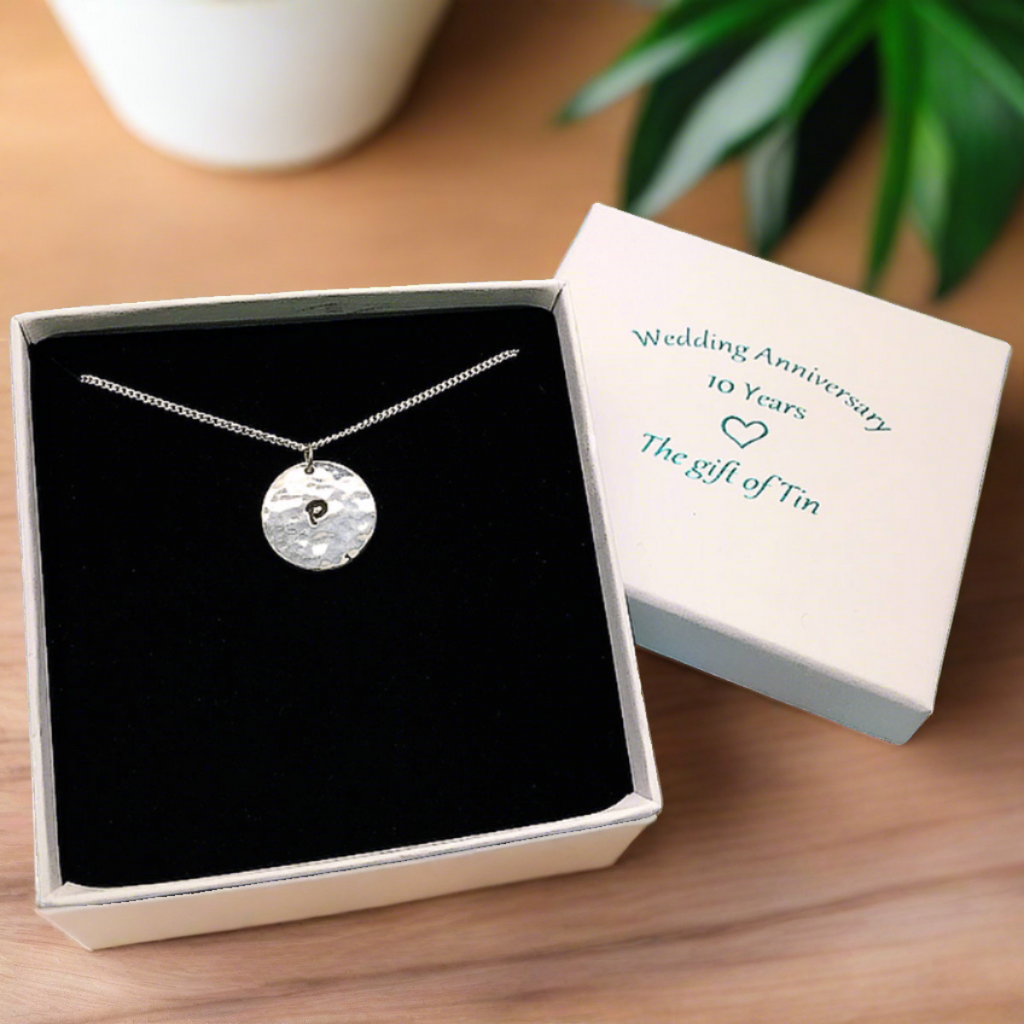 10th anniversary gift. personalised 10 year anniversary gift. tin necklace. initial necklace