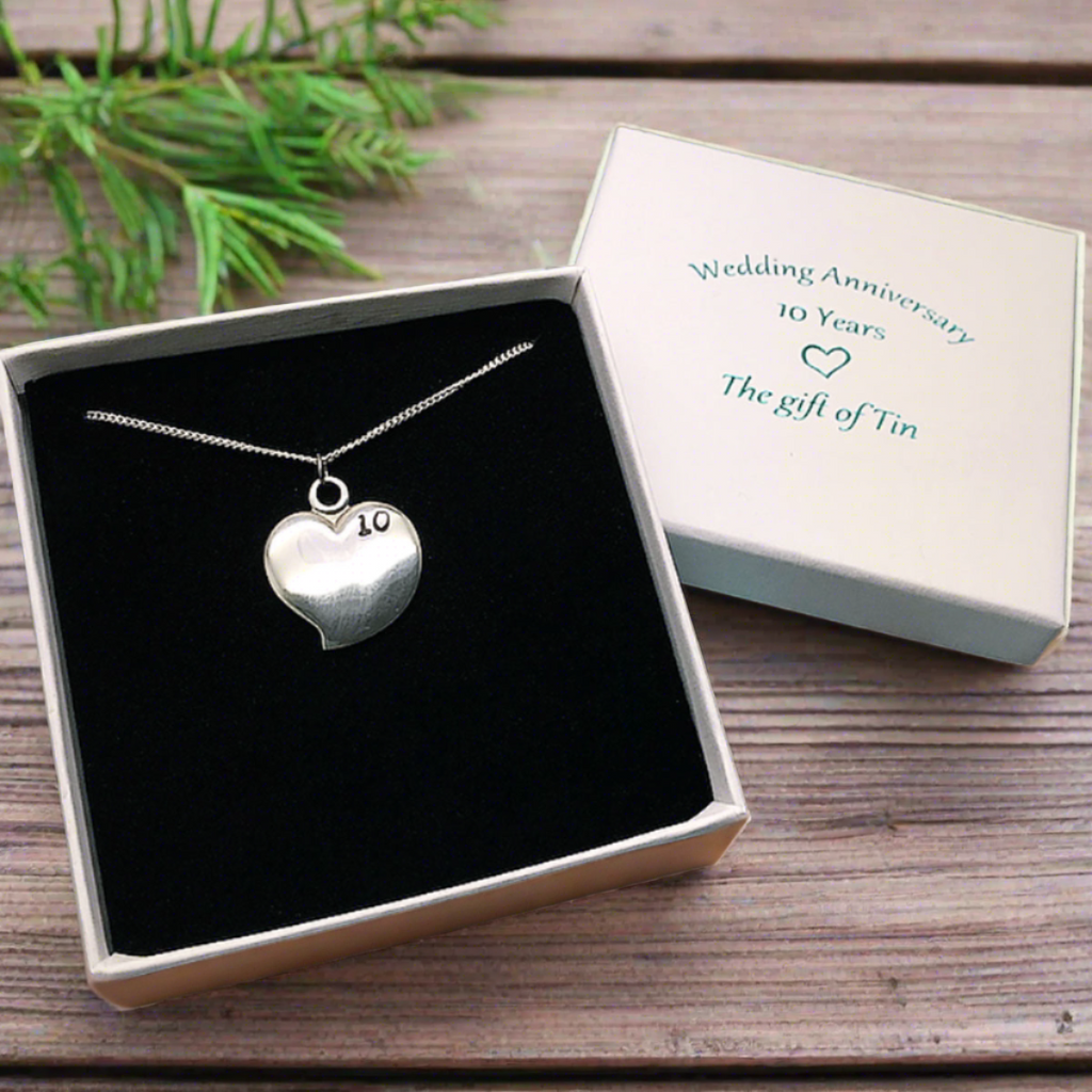tin necklace. 10th anniversary gift for her. ten tenth year wedding anniversary gift