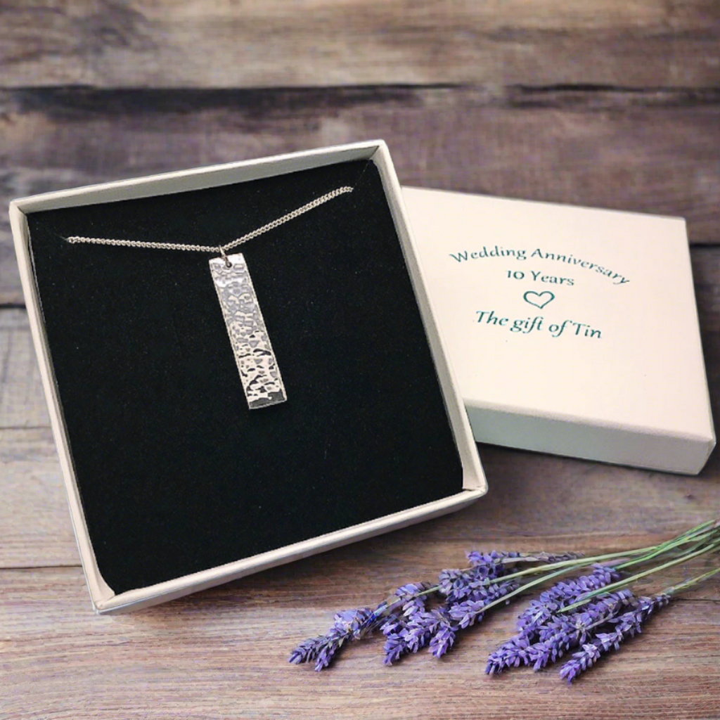 tin jewellery. 10 year anniversary gift for her. tin beaten rectangle necklace