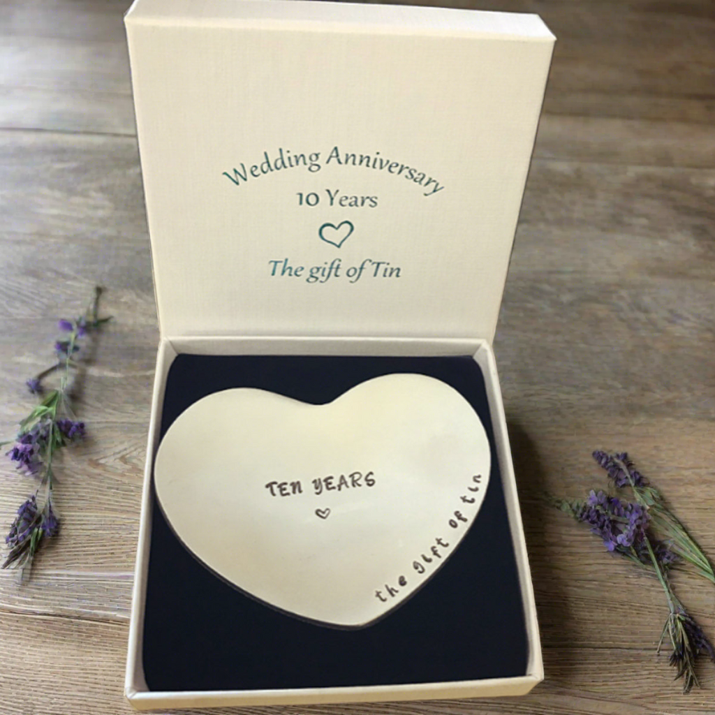 10th Anniversary Gift. Tin Heart. Tin Gift. Stamped with 'the gift of tin'