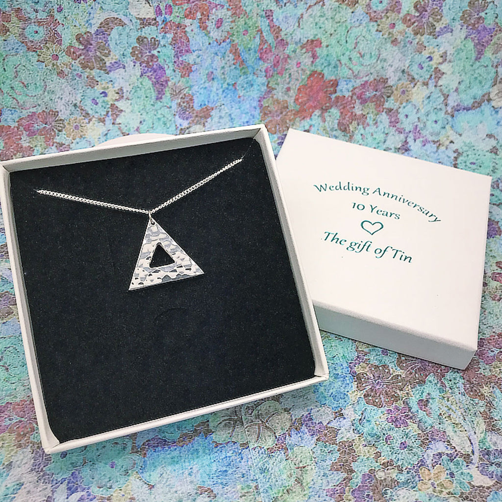 Tin Jewellery. Tin Necklace. Triangle Pendant. Tin Pendant. 10th Anniversary Gift