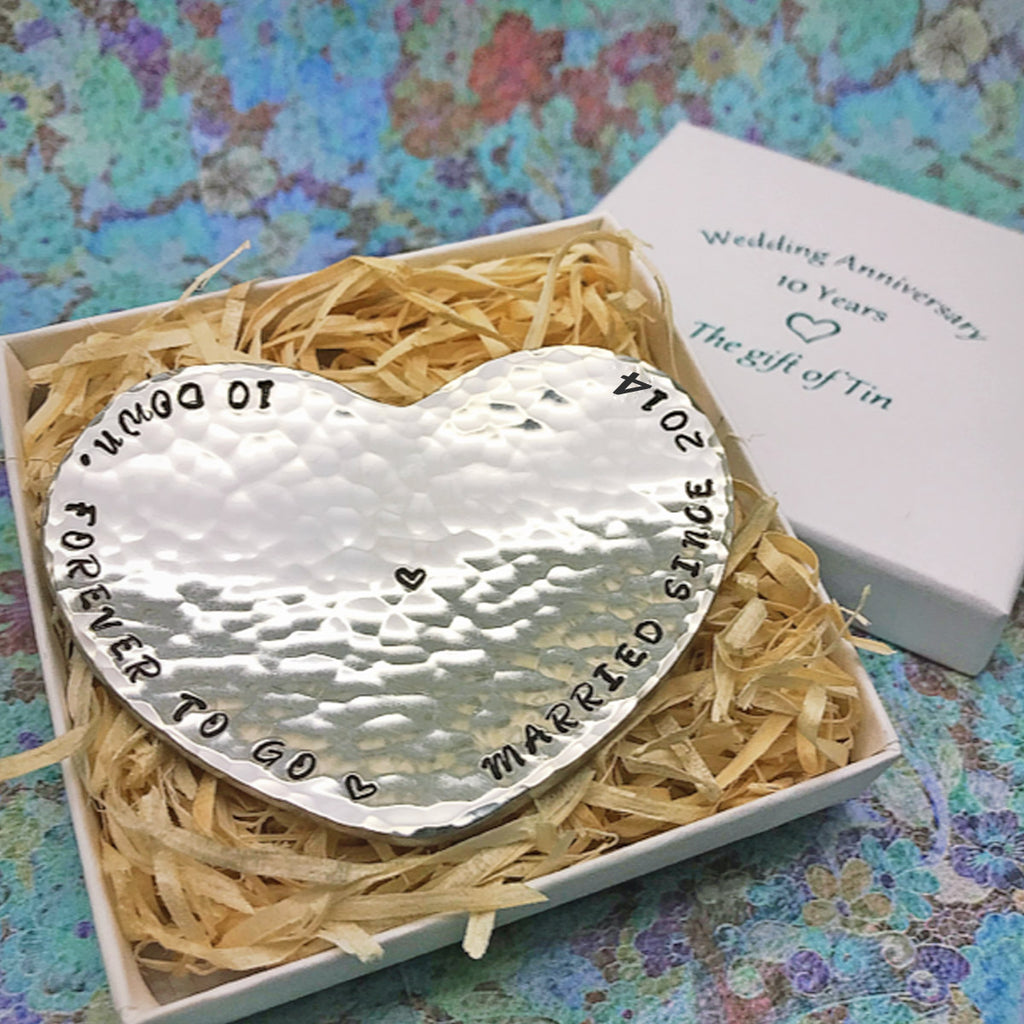 10th Anniversary Gift. Tin Gift. Heart Ring Dish. 10 Down, Forever to go 