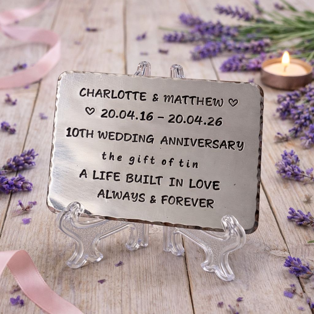 personalised 10th wedding anniversary gift. Handcrafted Tin Plaque. Made in Cornwall