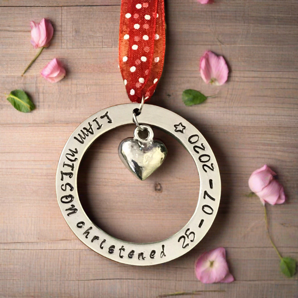 Christening Gift. Personalised Christening Gift.. Handstamped with names and dates. Hanging Circle and heart charm. Christening Keepsake