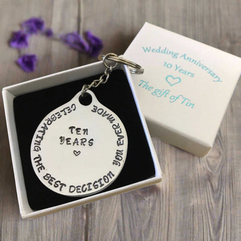 10th anniversary keyring. celebrating the best decision you ever made' funny tenth anniversary gift. 10th anniversary gift for husband