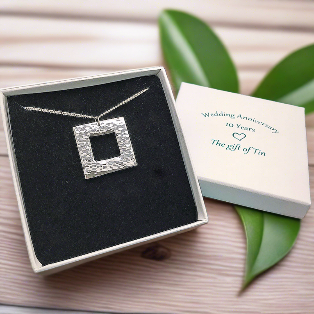 tin necklace. 10th Anniversary gift for her. chunky beaten square necklace
