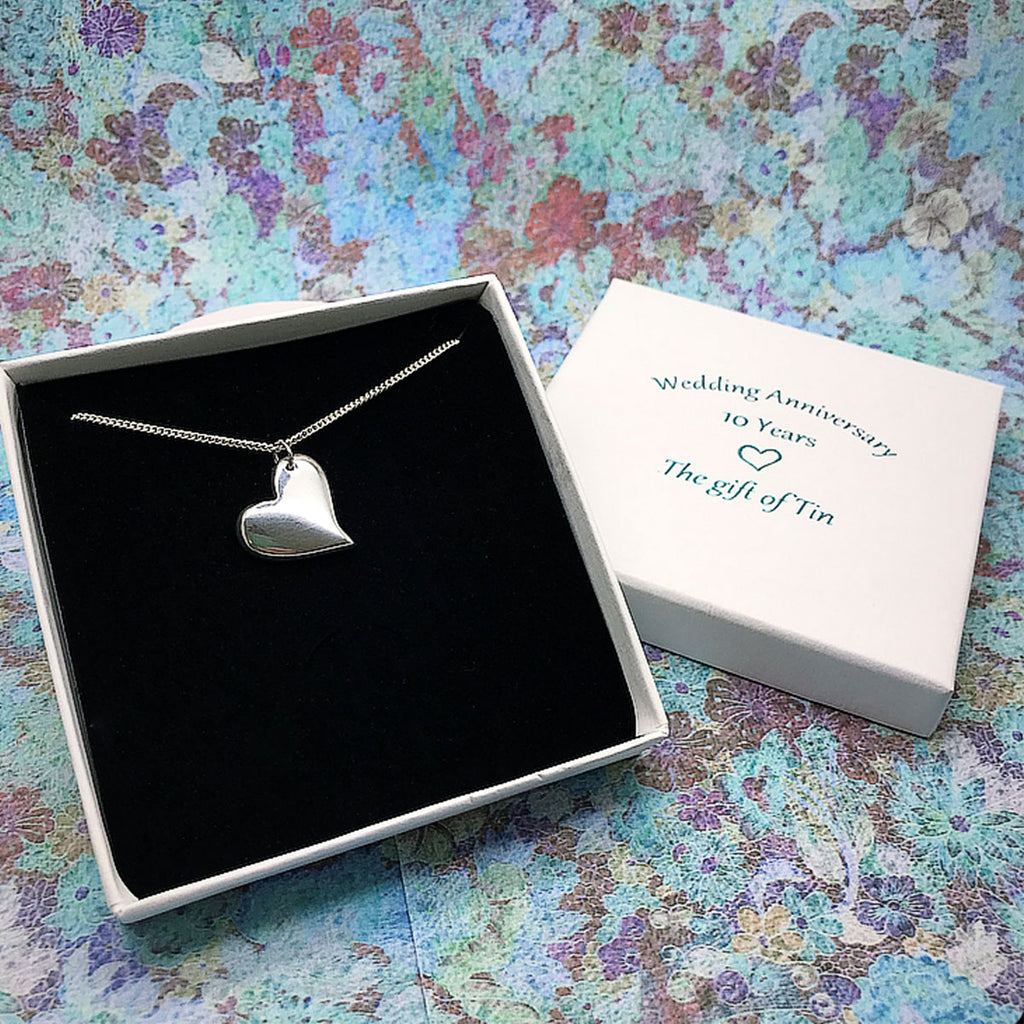 tin jewellery for her. tin anniversary gift for her. tin jewellery. tin heart necklace