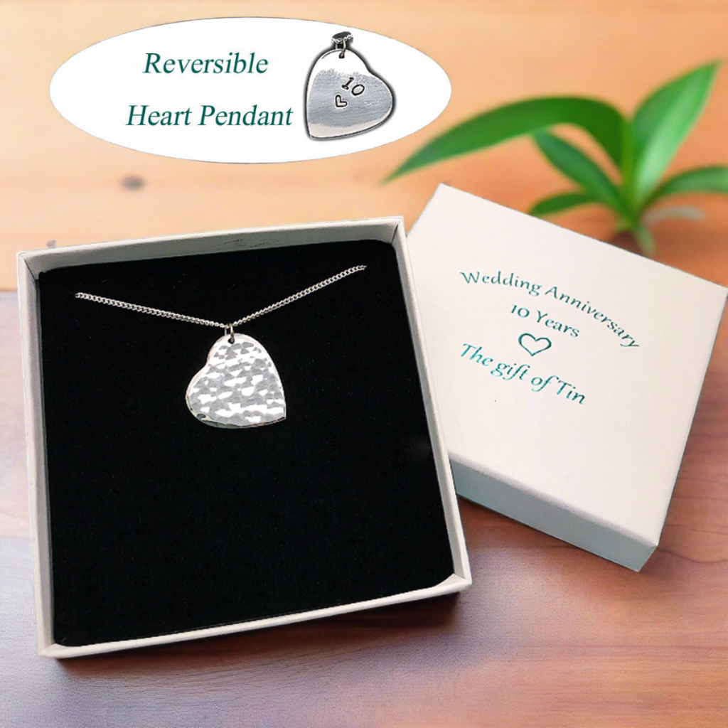 10th anniversary gift for her. tenth 10 year 10th anniversary gift. tin jewellery. tin heart pendant