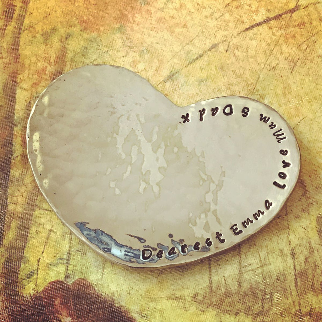 personalised gift. heart mini dish. personalised with any text. hand beaten ring dish