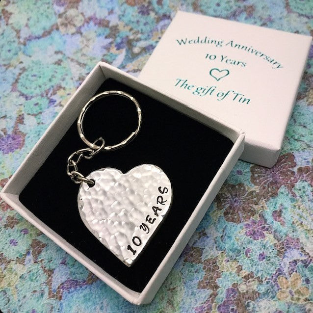 10th Anniversary Keyring. Heart stamped '10 Years' Tin Gift. 10th Anniversary Gift.