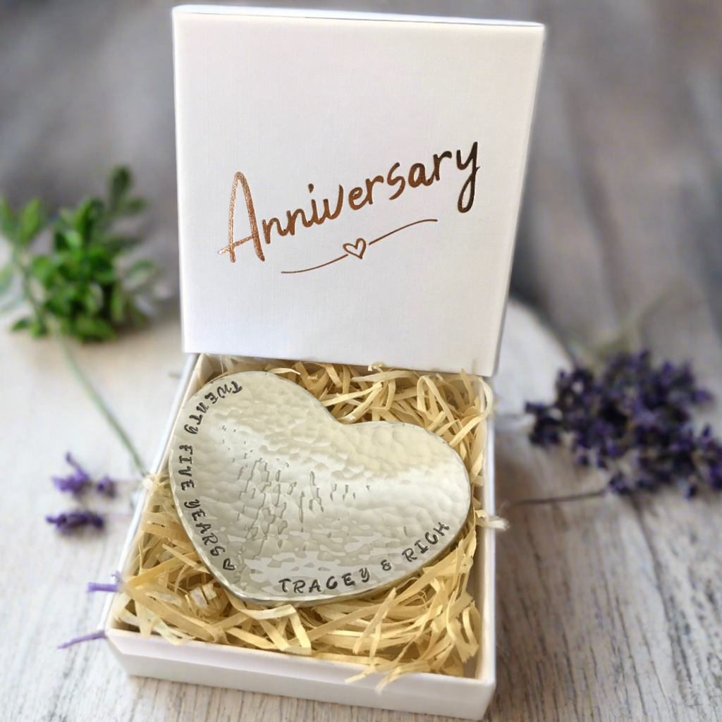 25th anniversary gift. silver anniversary gift. handmade ring dish, stamped 25 years with couples names