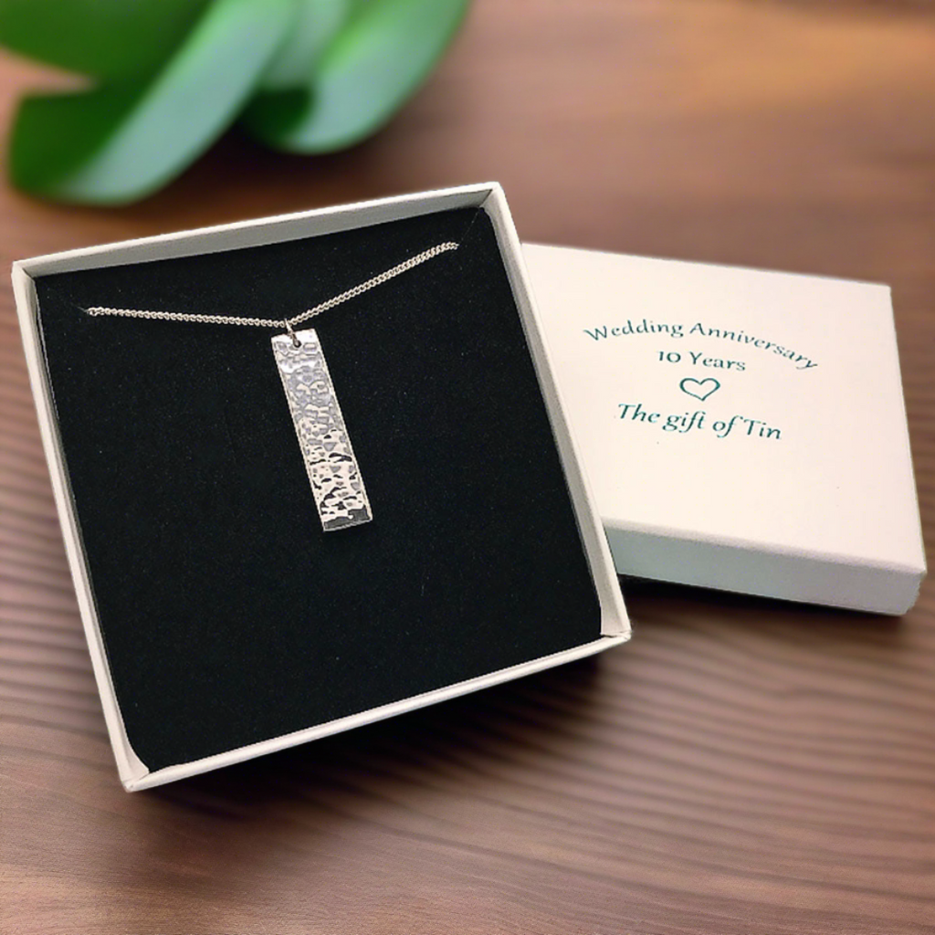 tin jewellery. 10 year anniversary gift for her. tin beaten rectangle necklace