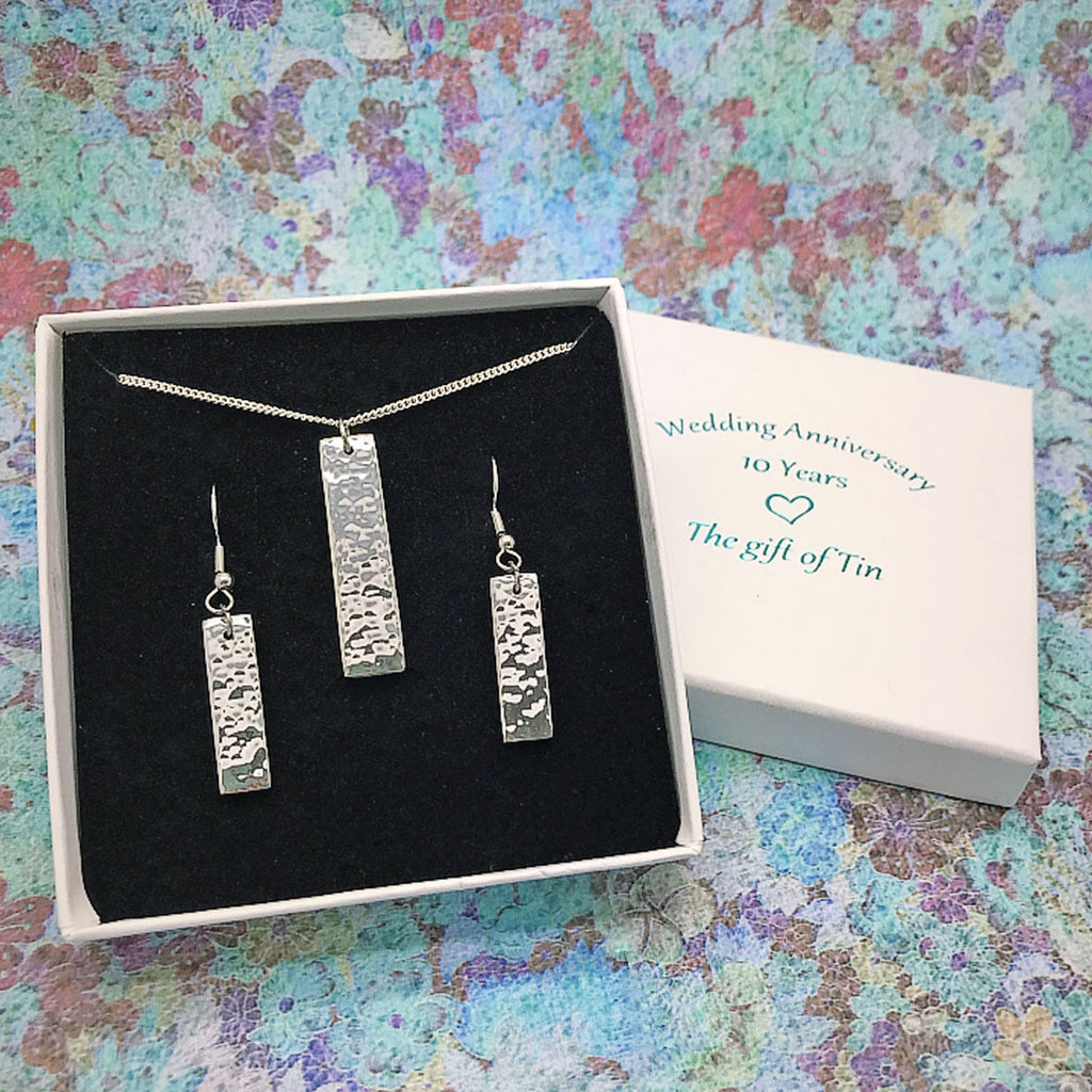 Tin Jewellery Set. Tin necklace and earrings. 10th Anniversary gift for her