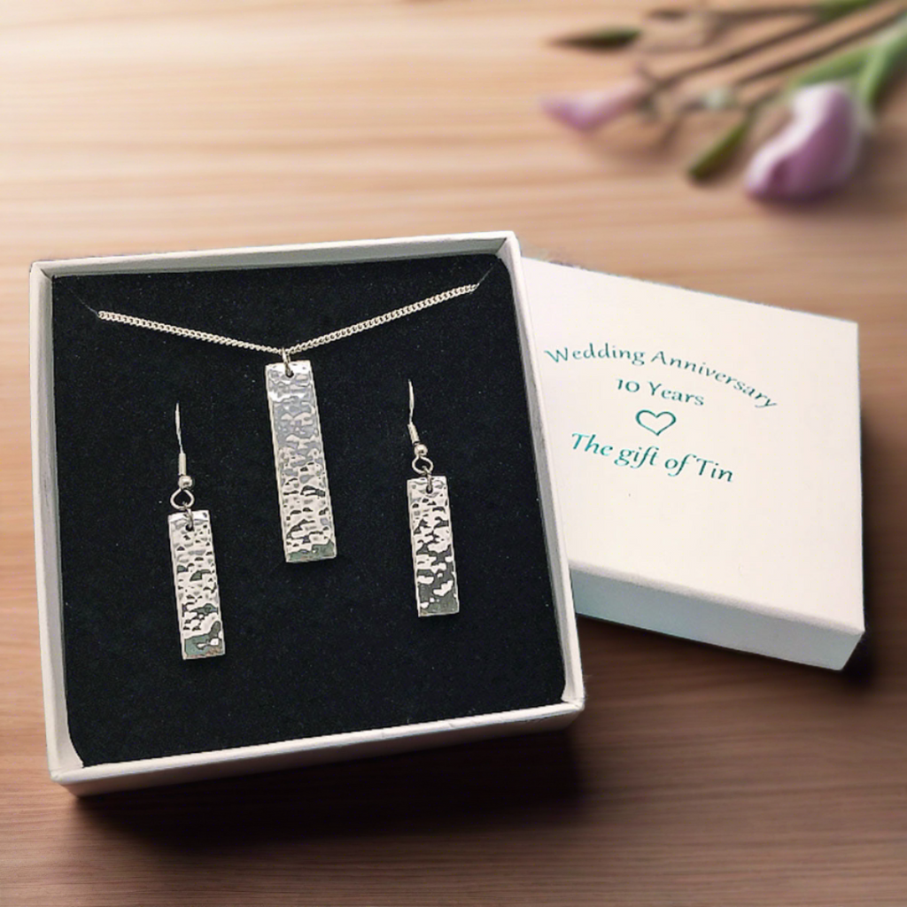 Tin Jewellery. Tin Necklace and Earrings. 10th Anniversary Gift for her