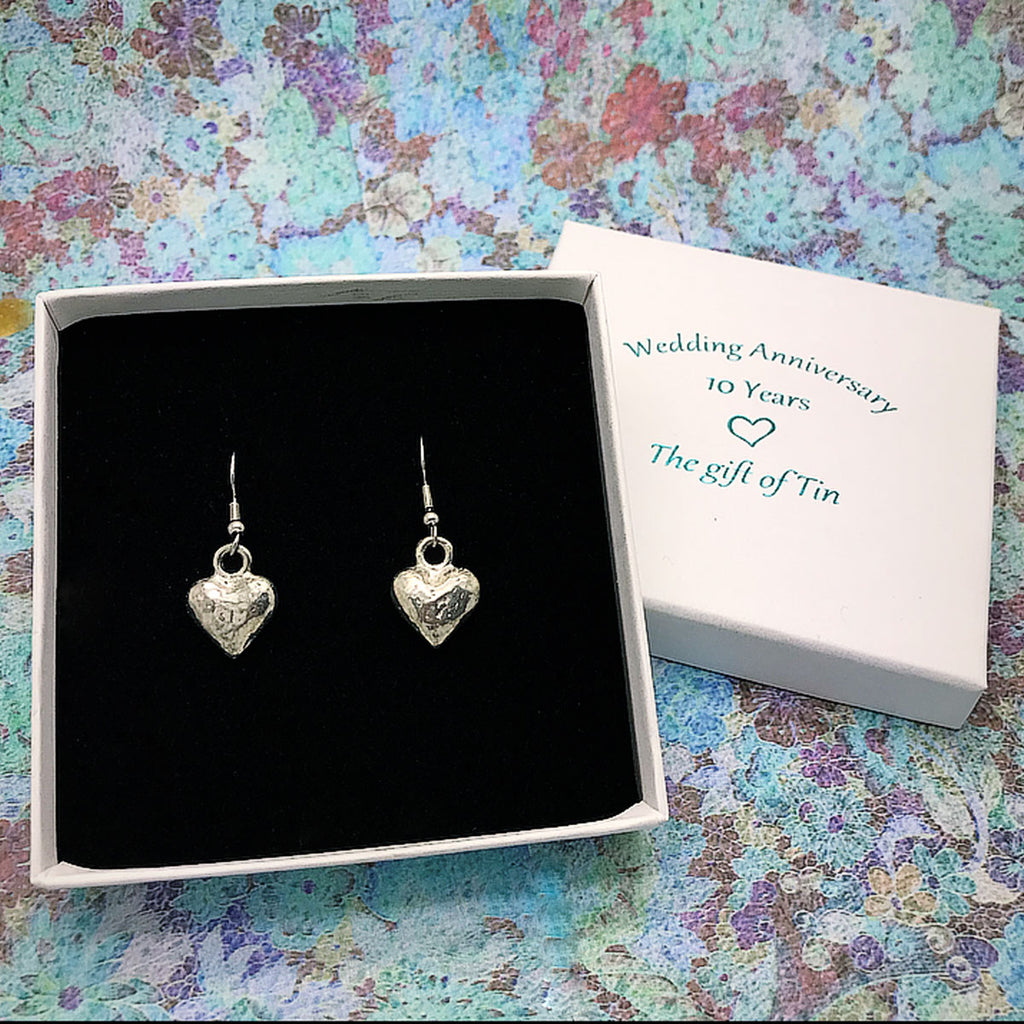 tin earrings. tin jewellery. tin gift. rustic heart earrings