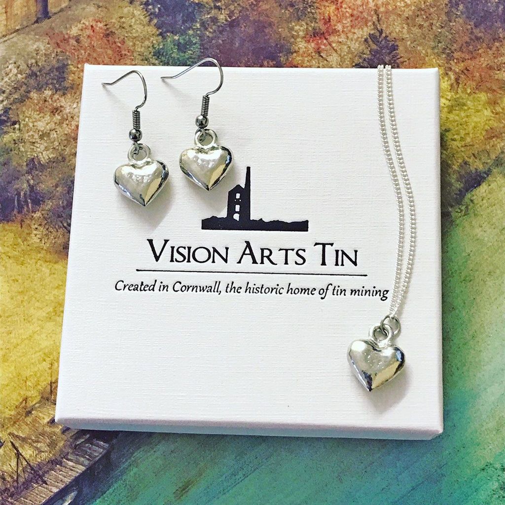 Cornish Jewellery, Tin Jewellery, Rustic Heart Necklace and Earrings Set