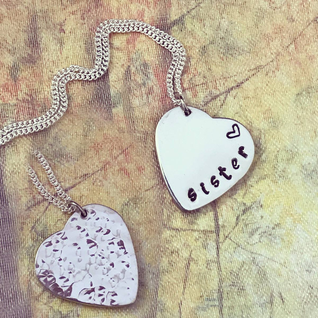Gift for Sister. Sister Necklace. Heart pendant hand stamped with Sister