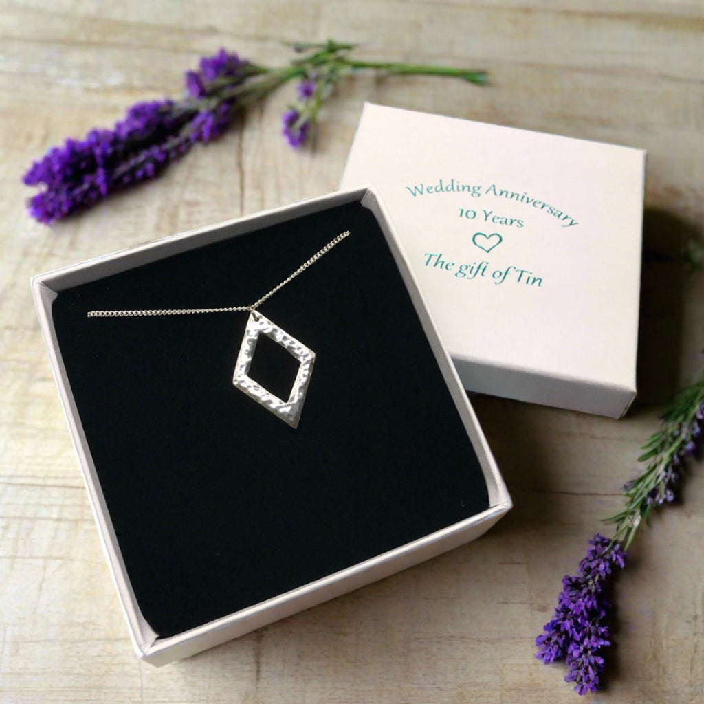 Tin Jewellery. 10th Anniversary Gift. 10 Anniversary Gift for wife. Tin Necklace. Tin  Diamond Pendant