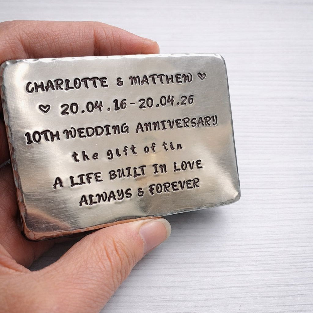 10th Wedding Anniversary Gift. Handcrafted Personalised Tin Plaque ...