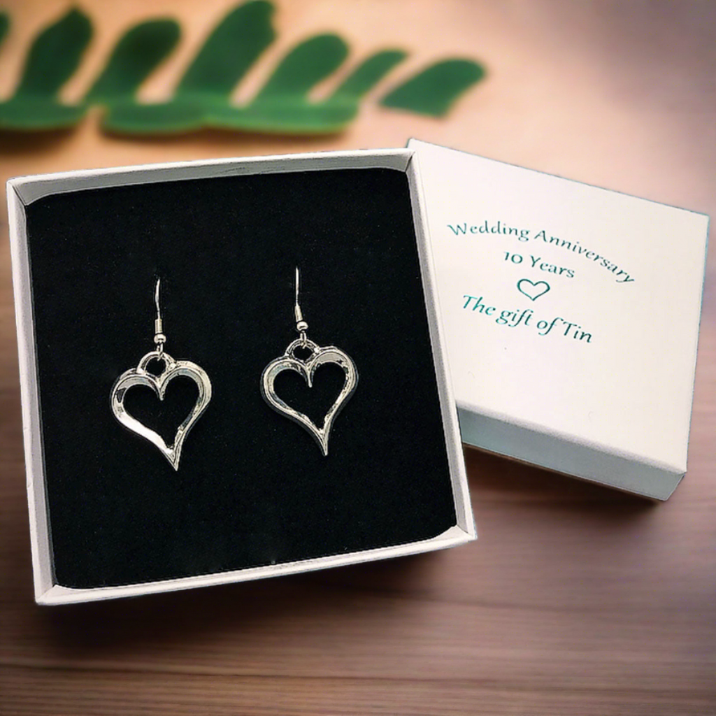 10th anniversary gift for wife. tin jewellery. tin heart earrings. 