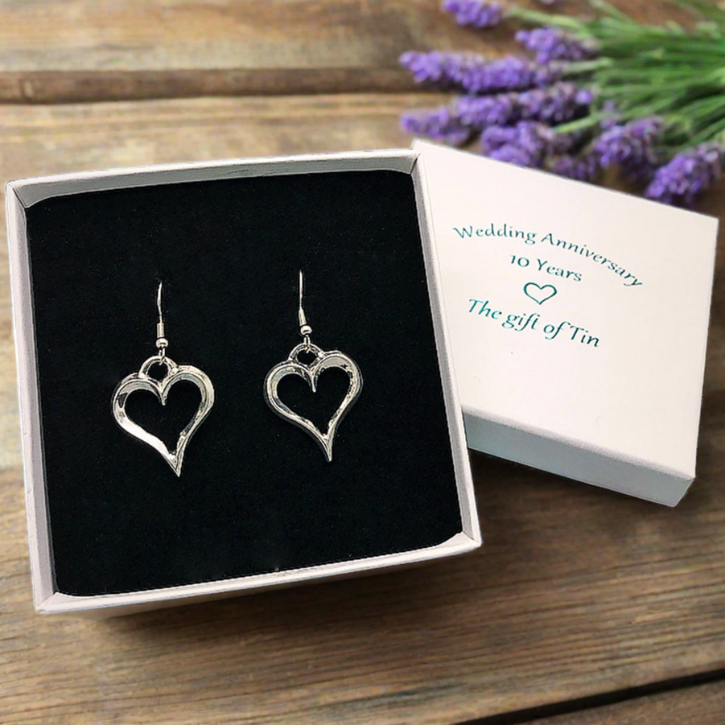 tin heart earrings. tin jewellery. 10th anniversary gift for her.