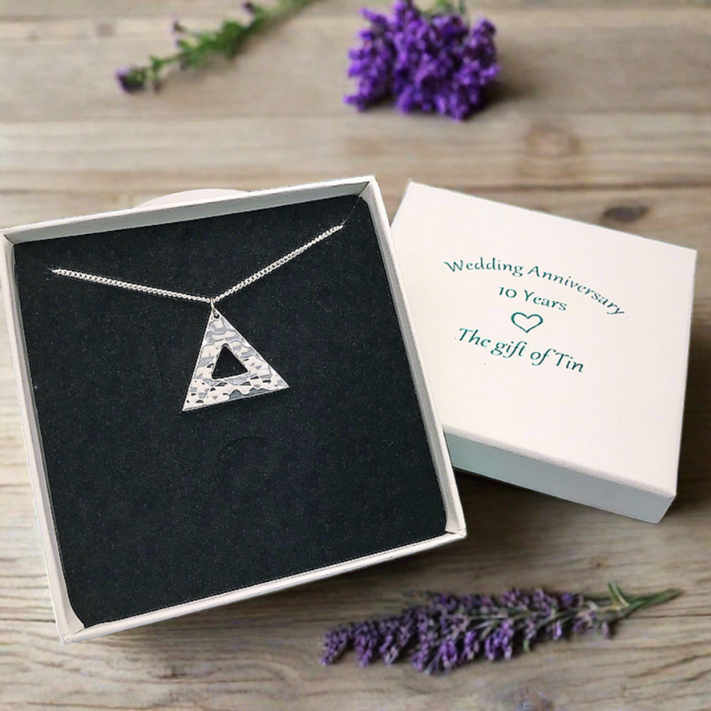 Tin Jewellery. Tin Necklace. Triangle Pendant. Tin Pendant. 10th Anniversary Gift